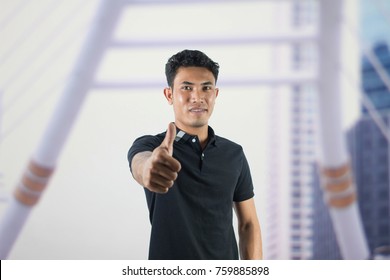 Asian Man Thumb Up Like In City Business Outdoor