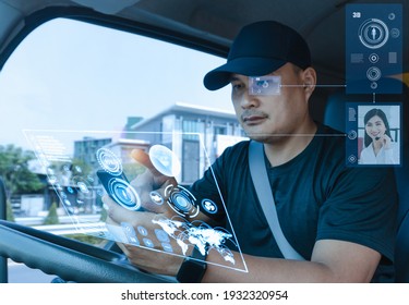 Asian Man Using Smartphones Check Data Digital. High-tech Truck Driver Find Location 3D World Map Application Touch Screen Display Realistic. Transport, Delivery, And Driving Tracking Technology.