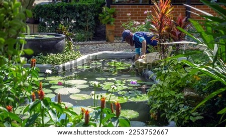 Asian man wear cap cleaning garden pond from green algae. Male janitor checking and maintaining the garden pond before rainy season. Gardener man worker cleaning water pond pool from leaves in garden.