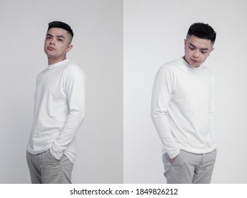 Asian Man Wear White Long Sleeve T Shirt Isolated On Background With Mock Up Concept.