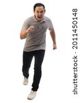 Asian man wearing grey shirt black denim and white shoes, screaming while running toward camera, front view. Full body portrait isolated cut out