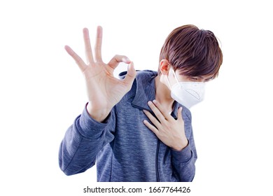 Asian Man Wearing Mask Make OK Sign Isolate.