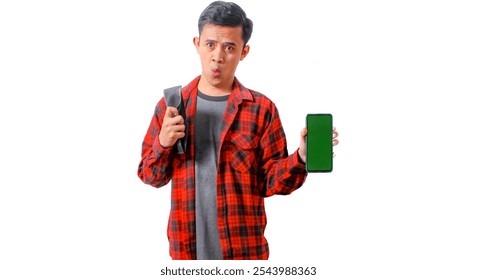 Asian man wearing red black checkered shirt showing empty wallet and blank screen cellphone, isolated on white background - Powered by Shutterstock