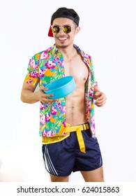 Asian Man Wearing Summer Shirt In Songkran Festival (water Festival)