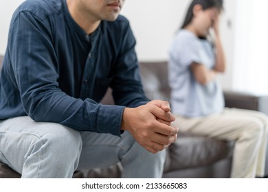 Asian Man And Woman Are Disappointed And Saddened After An Argument With Wife. Asian Couples Are Having Family Problems Resulting In Divorce. Lover Broken And Love Problem