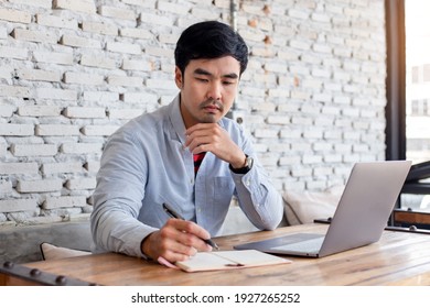 Asian Man Work Using Computer Hand Typing Laptop Keyboard Contact Us.student Study Learning Education Online.adult Professional People Chatting Search At Office.concept For Technology Device Business