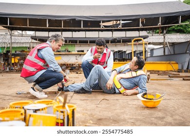 Asian man worker got an accident while working at construction site, then his colleagues come to rescue him immediately. Male worker have an accident at work. - Powered by Shutterstock