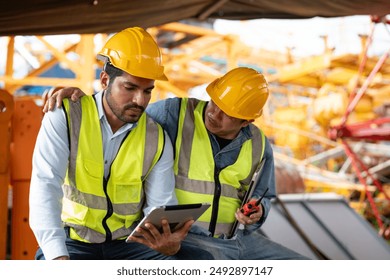 Asian man worker held tablet feeling sad and upset while sitting at construction site. Senior coworker wrapped around his shoulder and consoled him.