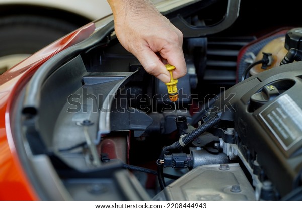 Asian\
mechanic repairing car with open hood,Side view of mechanic\
checking level motor oil in a car with open\
hood