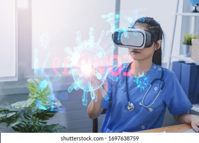 Asian Medicine Doctor Touching Electronic Medical Coronavirus Record On Virtual Reality Technology Support For Medical Education.Virus RNA. Digital Healthcare Network Connection On Hologram Concept