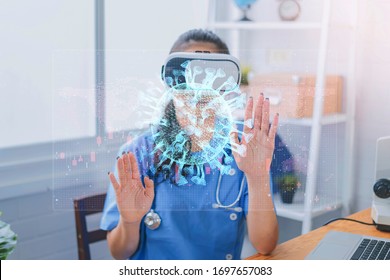 Asian Medicine Doctor Touching Electronic Medical Coronavirus Record On Virtual Reality Technology Support For Medical Education.Virus RNA. Digital Healthcare Network Connection On Hologram Concept