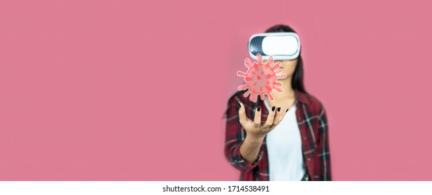 Asian Medicine Doctor Touching Electronic Medical Coronavirus Record On Virtual Reality Technology Support For Medical Education.Virus RNA. Digital Healthcare Network Connection On Hologram Concept