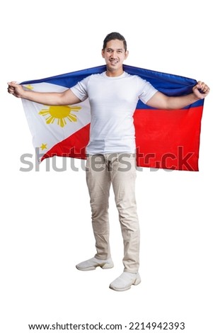 Asian men celebrate the Philippines' independence day on 12 June by holding the Philippines flag isolated over white background