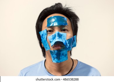 Asian Men With Oily Face Skin And Use Removing Oil Film,Skin Care Concpet