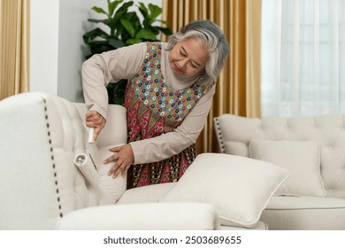 Asian middle aged Woman in colorful dress uses a lint roller to clean cushioned chair while holding a pillow in bright living room. Happy senior woman cleaning home - Powered by Shutterstock