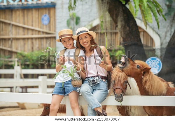 Asian\
mother and daughter feeding pony horse at animal farm. Outdoor fun\
for kids. Child feeds animal at pet zoo. Dwarf horses on the farm.\
Happy family petting a pony through wooden\
fence.