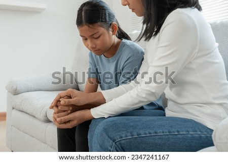 asian mother support daughter discussing study problems. Parent encourages and empathy child suffers depression. psychological, trust, care, cry, expectation, teen problems, bullying, learn problem