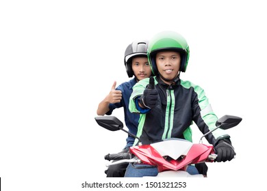 Asian Motorcycle Taxi Man And His Passenger Showing Thumbs Up Isolated Over White Background