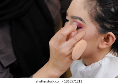 Asian Muslim Makeup Artist Teach How To Apply Fake Eyelash On Model's Eye. Real Makeup Class Image