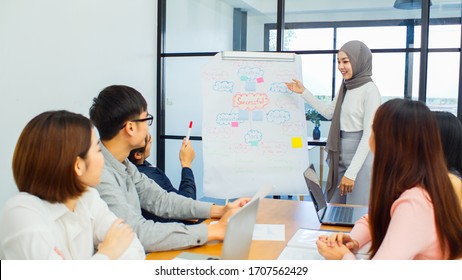 Asian muslim woman lead group of young Asian business creative team in brainstorm meeting presentation. Girl power, colleague coworker partnership teamwork, people cooperation, or idea sharing concept - Powered by Shutterstock