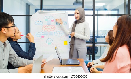 Asian Muslim Woman Lead Group Of Young Asian Business Creative Team In Brainstorm Meeting Presentation. Girl Power, Colleague Coworker Partnership Teamwork, People Cooperation, Or Idea Sharing Concept