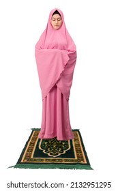 Asian Muslim Woman In Veil In Praying Position (salat) Isolated Over White Background