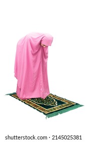 Asian Muslim Woman In Veil In Praying Position (salat) Isolated Over White Background