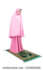 Asian Muslim Woman In Veil In Praying Position (salat) Isolated Over White Background