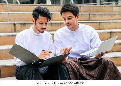 Asian Myanmar Business People Talking And Lecture Discussion In Outdoor