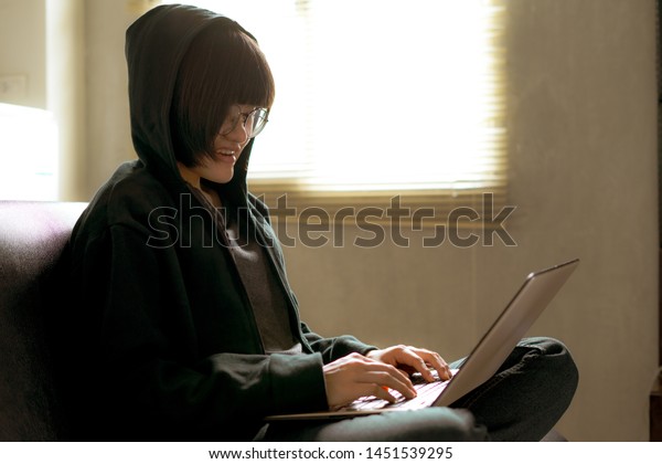 Asian Nerd Glasses Woman Hood Sitting People Technology