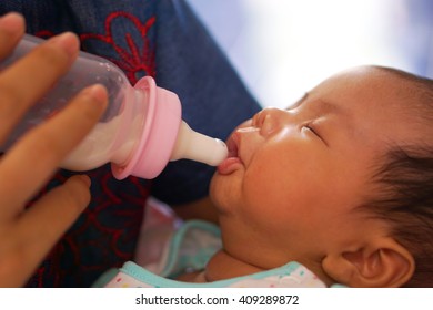  Asian newborn baby drinking milk from bottle                            