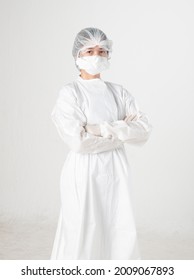 Asian Nurse With Protective Full Body With White Background