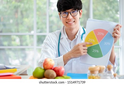 Asian nutritionist holding nutrition chart of fruit supplements in hospital. The Nutritionist / food specialist consider vitamins for patients diet & lifestyle. Weight loss & healthy eating concept.  