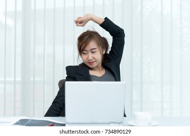 Asian Officer Woman Stretching Body Desk Stock Photo 734890129 ...