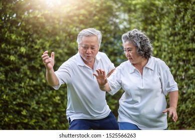 Asian Old Couple In White Shirt Practicing Tai Chi In The Park Together. Elderly People Exercise Togetherness At Outdoor.