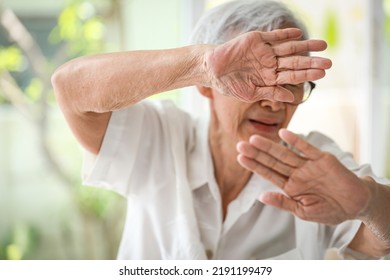 Asian Old Elderly Woman Raising Hands In Defence,resisting Attack,victims Of Family Domestic Violence,physical Mental Abuse,mistreatment,harassment And Assault In Home,human Rights Violation Concept