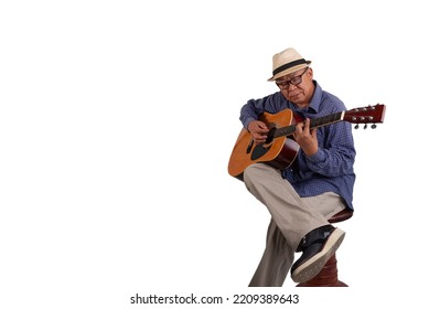 Asian Old Man Relaxing By Playing Guitar