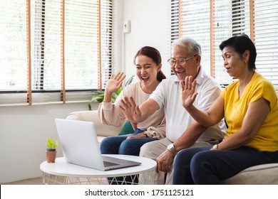 Asian Old Senior Video Call Virtual Meeting With Family