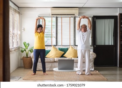 Asian old senior workout exercise and doing yoga at home
