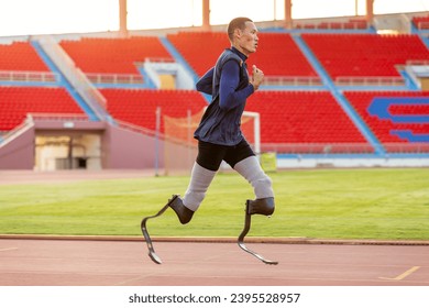 Asian para-athlete with prosthetic blades leg in stadium practicing workout for Paralympic running competition. Amputee sportsman runner practicing running workout. Disabled athlete man sport concept. - Powered by Shutterstock