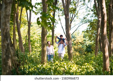 Asian Parents And Child Having Fun Walking Outdoors In Woods