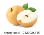 Asian pear with cut in half isolated on white background. Clipping path.