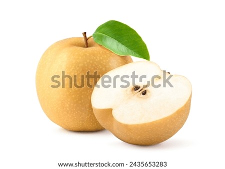 Asian pear with cut in half isolated on white background.