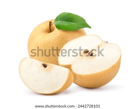 Asian pear with cut in half and sliced isolated on white background.