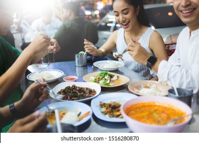 Asian People Are Eating Dinner.thailand Street Food  Street Dining.