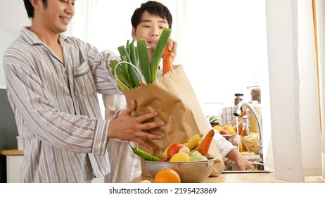 Asian People Happy Time Smile, Laugh In Kitchen. Best Friend LGBTQ Lifestyle. Happy Asian Gay Couple Homosexual Cooking Together In Kitchen Prepare Fresh Vegetable Make Organic Salad Healthy Food.