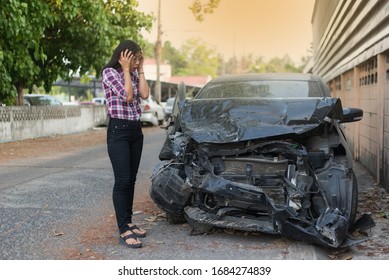 Asian People Are Very Shocked. While Meeting Her Car That The Thief Had Stolen In The Condition Of Being Hit By Almost All Cars