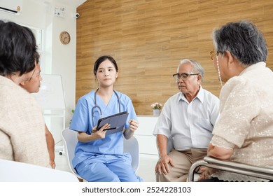 Asian physical therapy vs. nursing or doctor  talking to group of old elderly patient and relax to get good health in rehabilitation clinic, Senior lifestyle activity recreation concept. - Powered by Shutterstock