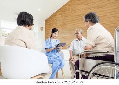 Asian physical therapy vs. nursing or doctor talking to group of old elderly patient and relax to get good health in rehabilitation clinic, Senior lifestyle activity recreation concept. - Powered by Shutterstock