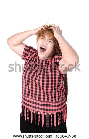 Asian plump woman holding her head frowning with worry screaming. Man pulling her hear for worry, sadness, desperation, so serious, funny, isolated on white background